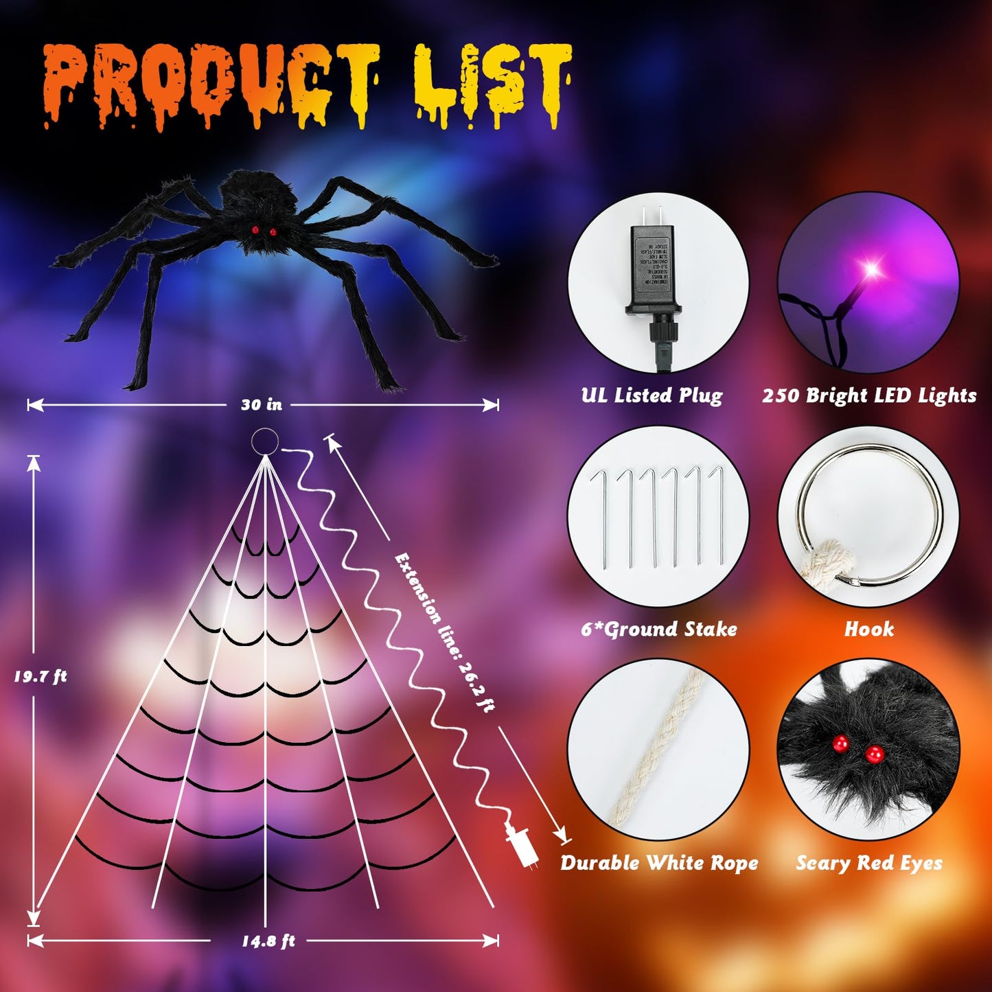 Halloween Decorations Spider Web Lights, 250 LED Purple Lights 19.7FT x 14.8FT Giant Halloween Decorations with 8 Modes Waterproof for Indoor Outdoor House Garden Yard，30" Large Spider Included