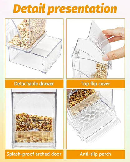 BNOSDM No Mess Bird Feeder Transparent Bird Food Container Automatic Parrot Feeder with Perch Parakeet Cage Accessories for Budgies, Canaries, Cockatoos, Finch and Lovebirds