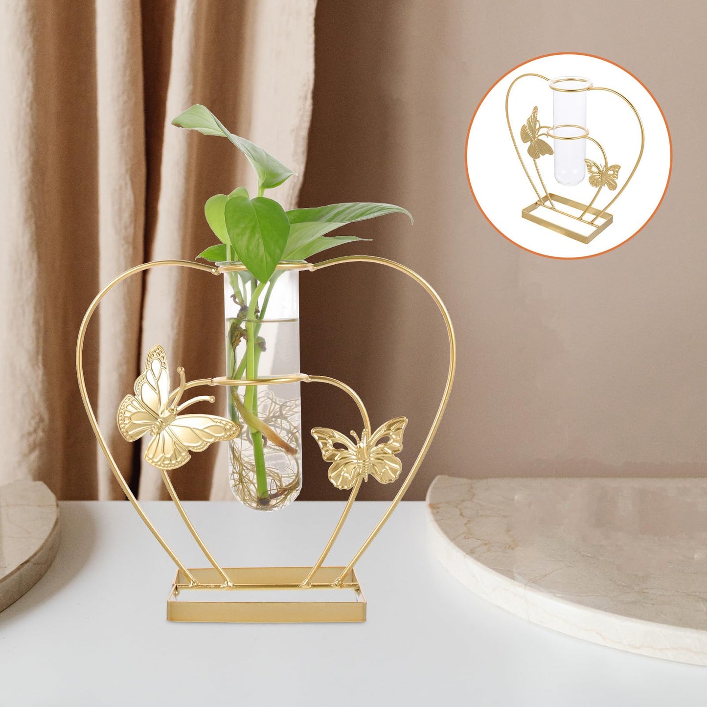 VOSAREA Hydroponic Glass Vase with Metal Butterfly Frame Decorative Hollow Flower Holder Plant Terrarium Home Table Centerpiece for Living Room and Office Decor