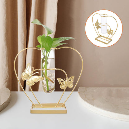 VOSAREA Hydroponic Glass Vase with Metal Butterfly Frame Decorative Hollow Flower Holder Plant Terrarium Home Table Centerpiece for Living Room and Office Decor