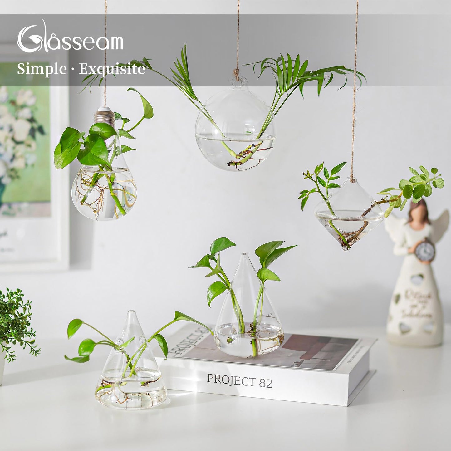 Glasseam Hanging Planters Glass Terrarium: 5Pcs Modern Plant Propagation Stations Hydroponic Wall Vases for Air Plants Flowers Indoor Window Home Decor