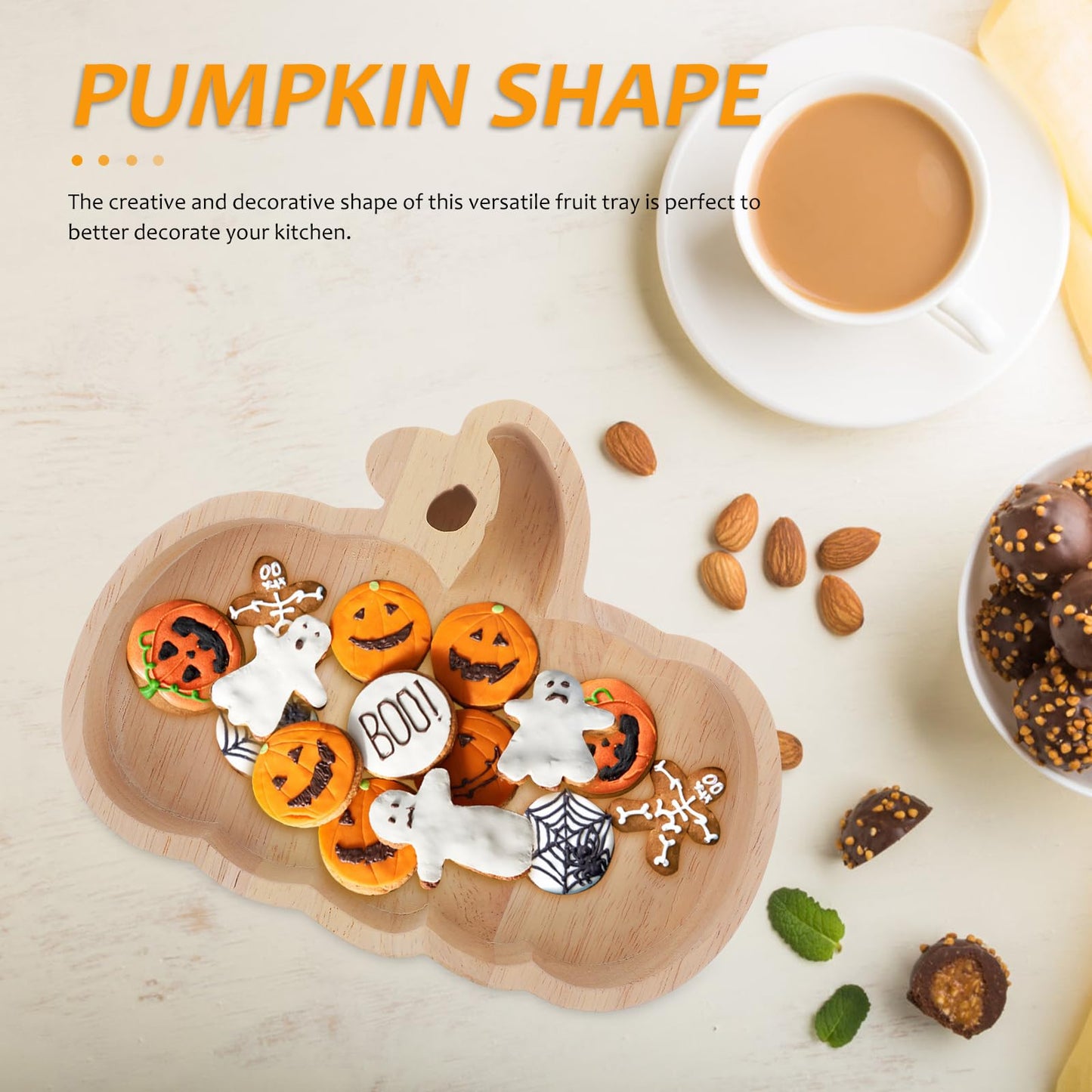 GLEAVI Halloween Pumpkin Plate Wood Serving Tray for Snacks Candy Dessert Tableware Seasonal Party Decor