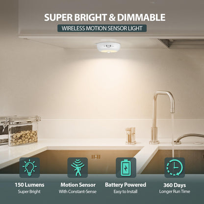 Motion Sensor Light Indoor, LED Night Light Closet Lights, Under Cabinet Lights, AA Battery Operated Stick on Wireless Puck Lights for Wall, Step, Stair, Dimmable (3 Pack)