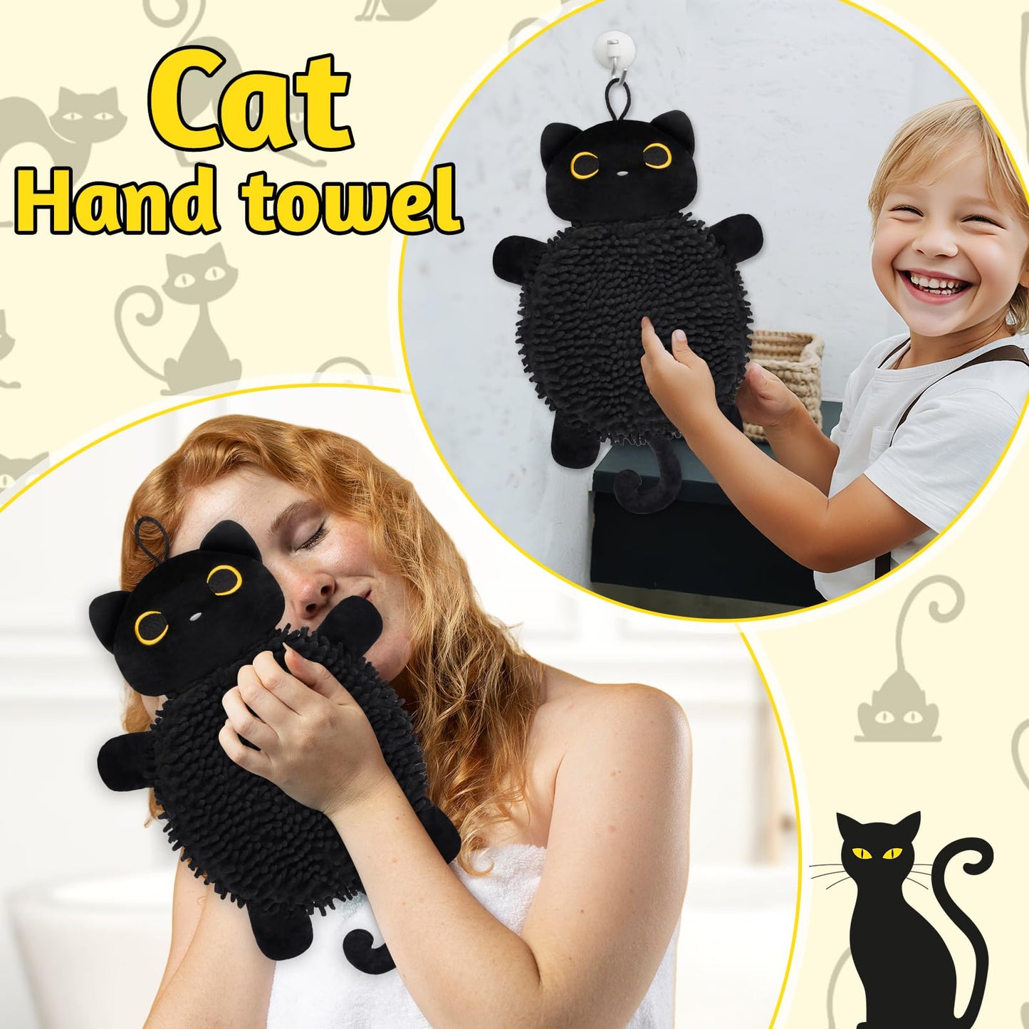 JEROKUMI Cat Hand Towel - Kitchen Towels with Hanging Loops Super Absorbent Chenille Hand Face Bath Towel, Cat Gifts for Women, Funny Towel Kitchen & Bathroom Decor (8x18 Inch)