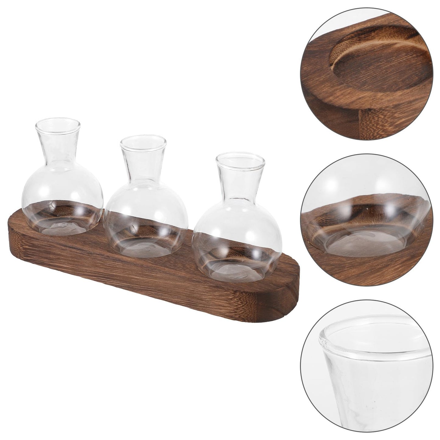 PRETYZOOM Glass Plant Vase Set with Wooden Base, Hydroponic Terrarium for Office and Living Room Decor, 3pcs Tabletop Flower Arrangement Vessels