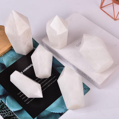 VIZYTOU White Crystal Stone Tower Obelisk Large Healing Crystal Rock Point Wand Reiki Healing Meditation Stone 2.2-2.8 LBS