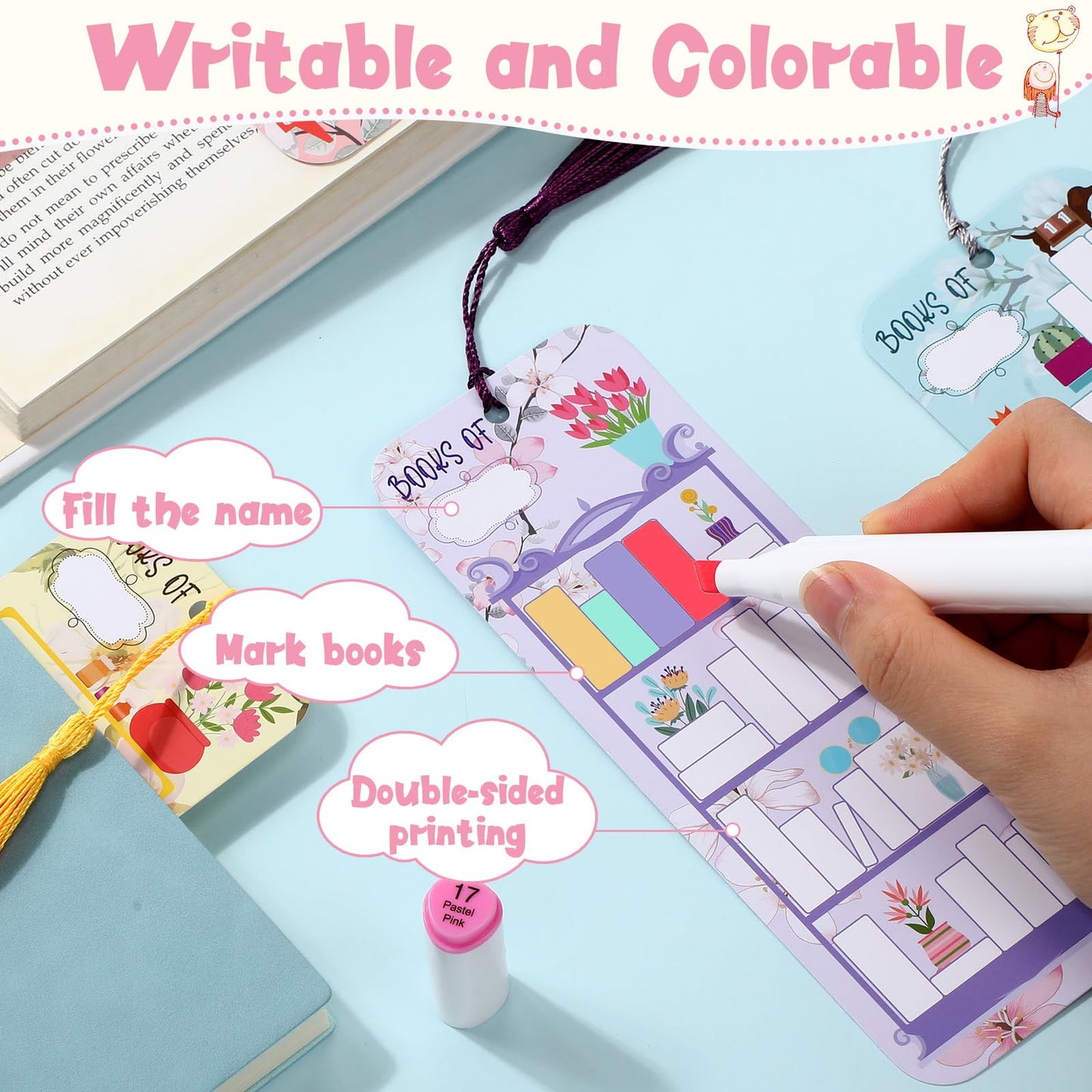 100 Pcs Book Tracker Bookmarks with 100 Tassels Bookshelf Design Reading Page Markers Double Sided Bookmarks Gifts for Book Lovers Book Club Gifts