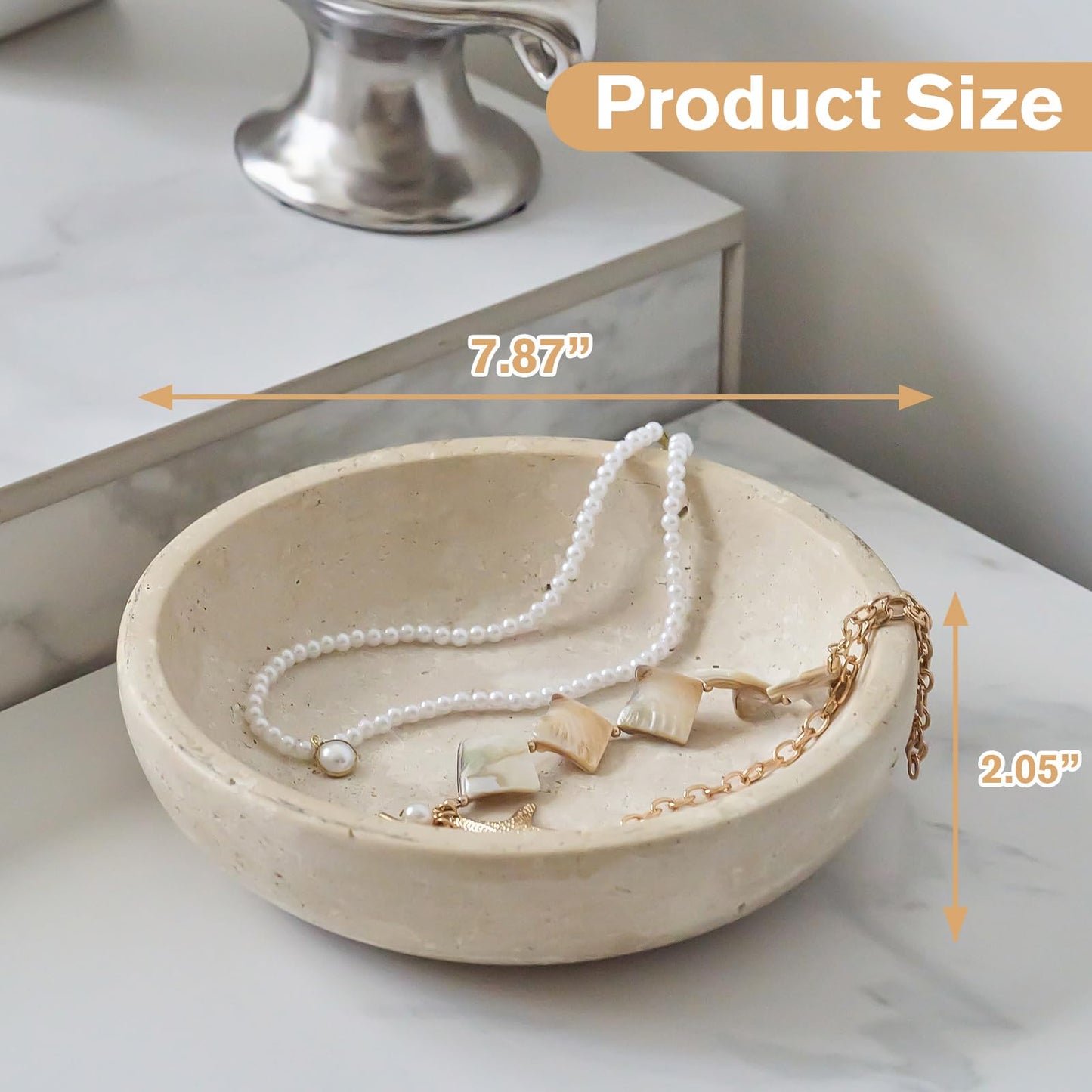 Dendrovia Marble Bowl Decorative, 7.8’’ Entryway Travertine Bowl For Keys Fruit Candy Jewelry, Natural Stone Bowls for Entry Table, Organic Modern Home Decor for Centerpieces, Beige