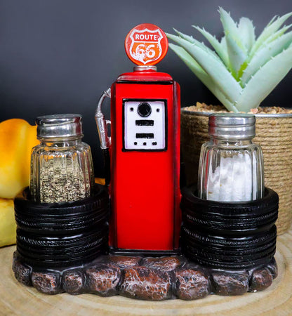 Ebros Gift Vintage Nostalgia Route 66 Highway Stop Old Fashioned Red Gas Pump Station Salt And Pepper Shaker Holder Figurine Cross Country Road Trip Lovers Kitchen Accent