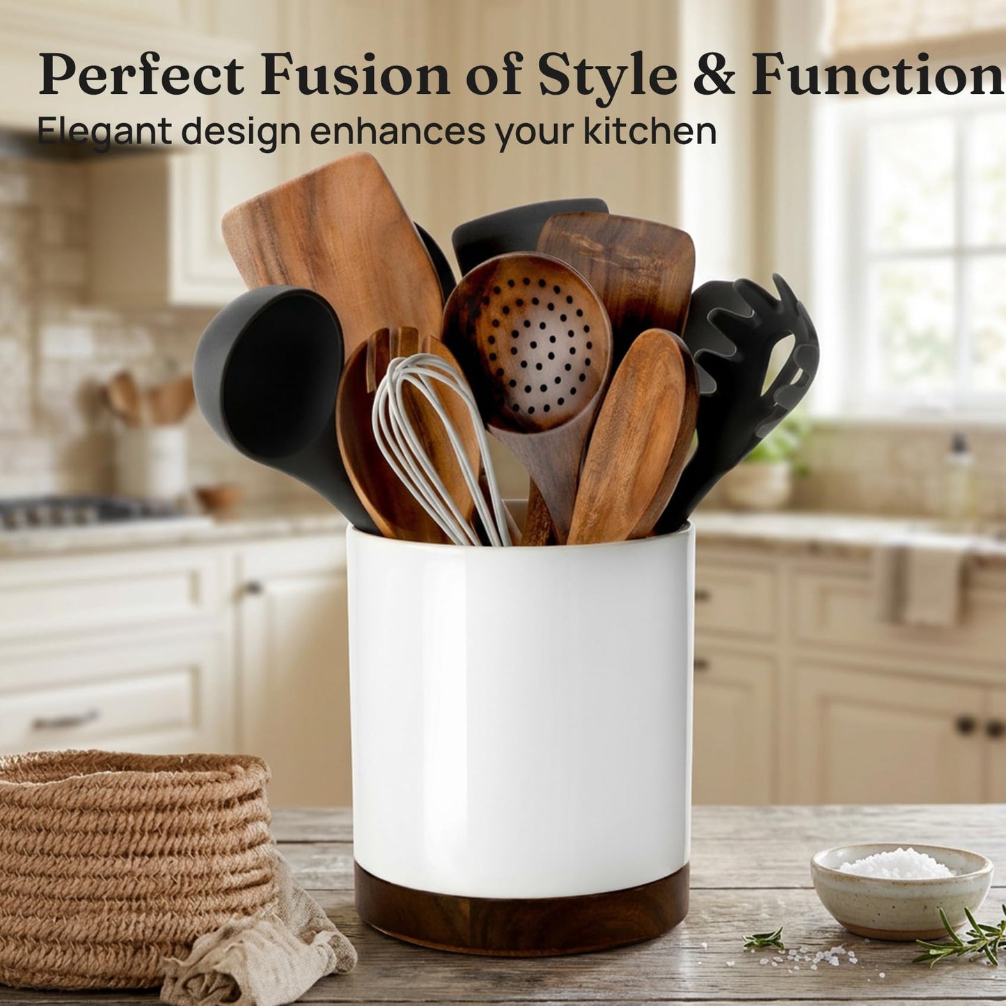 Nucookery Ceramic Rotating Utensil Holder for kitchen counter, 7.2" Stable Large Utensil Crock Countertop Organizer for Cooking Utensils, Modern Farmhouse Decor, Christmas Gift, White