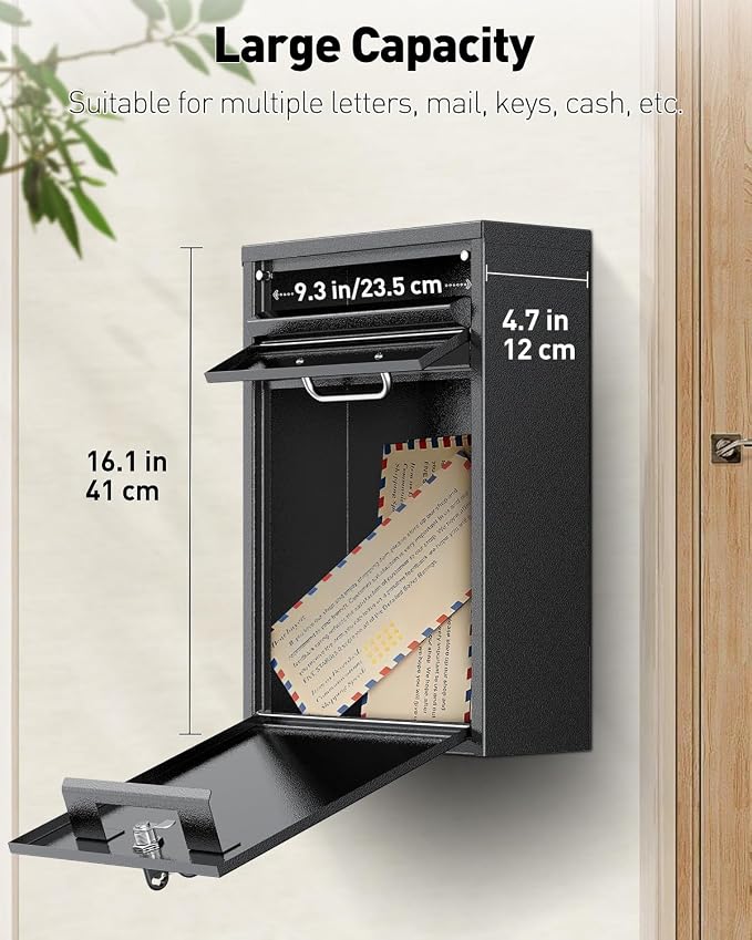 Uniclife Wall Mount Mailbox for Outside, Anti-Theft Heavy Duty Locking Mailbox, Large Mailbox with Key Lock, Security Mail Box, Safe Key Drop Box, Post Box, Steel Cash Drop Box for Home Office, Black