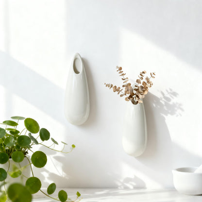 2 Pack White Ceramic Wall Vases,7.9 Inch Wall Hanging Plant Holder,Cubicle Modern Decor Plant Holder Vase for Indoor Plants, Hanging Propagation Flower Pots for Air Vases