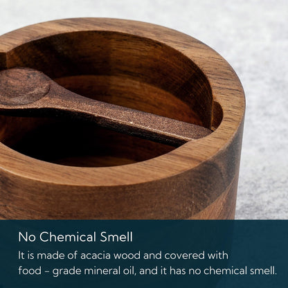 KITCHENDAO Acacia Salt Cellar Box Bowl with Built-in Spoon and Marble Lid, Solid Natural Acacia Wood Bath Sea Salt Container, Elegant Modern Grey and White Marble Lid Spice Bowl, 6oz Capacity