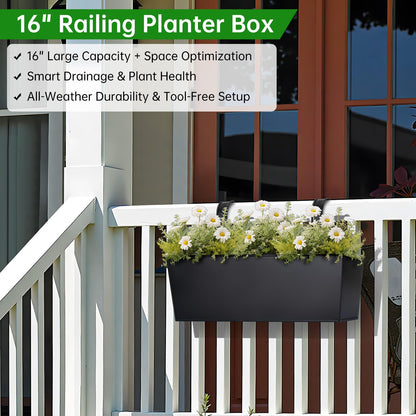 OGIMA 16-Inch Railing Planter Box, 3 Pack Large Hanging Planters for Outdoor Plants with Detachable Wide Hooks for 2.7'' Railings - Balcony Planters Railing Hanging for Deck, Fence & Patio Decor
