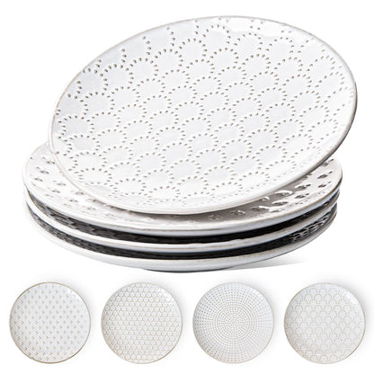 LE TAUCI Ceramic Salad Plates Set of 4, 8 Inch Embossed Appetizer Plates for Kitchen, Small Dessert Plates, Microwave & Dishwasher Safe Dinnerware Sets - Arctic White