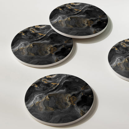 Hoomey Set of 6 Abstract Black Marble Coasters with Holder, Absorbent Ceramic Coasters for Drinks, Coasters with Cork Backing for Table Protection, Housewarming Gifts for New Home