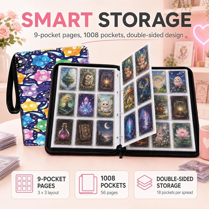 1008 Cute Card Binder 9 Pocket, 3-Ring Trading Card Binder with 56 Page Removable Sleeves, High Storage Waterproof Trading Card Holder Collection Card Album Organizer Case for TCG Cards - Cute