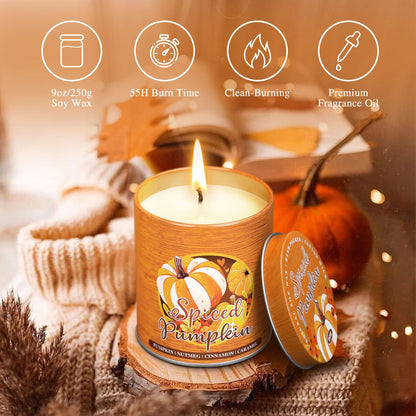 Lanpn Fall Scented Candles Gift Set, 4 Pack 36oz Soy Jar Candle, Thanksgiving Aromatherapy Candles for Woman Man, Autumn Spiced Pumpkin Fragrance Home Table Farmhouse Decoration, Tabletop Centerpiece