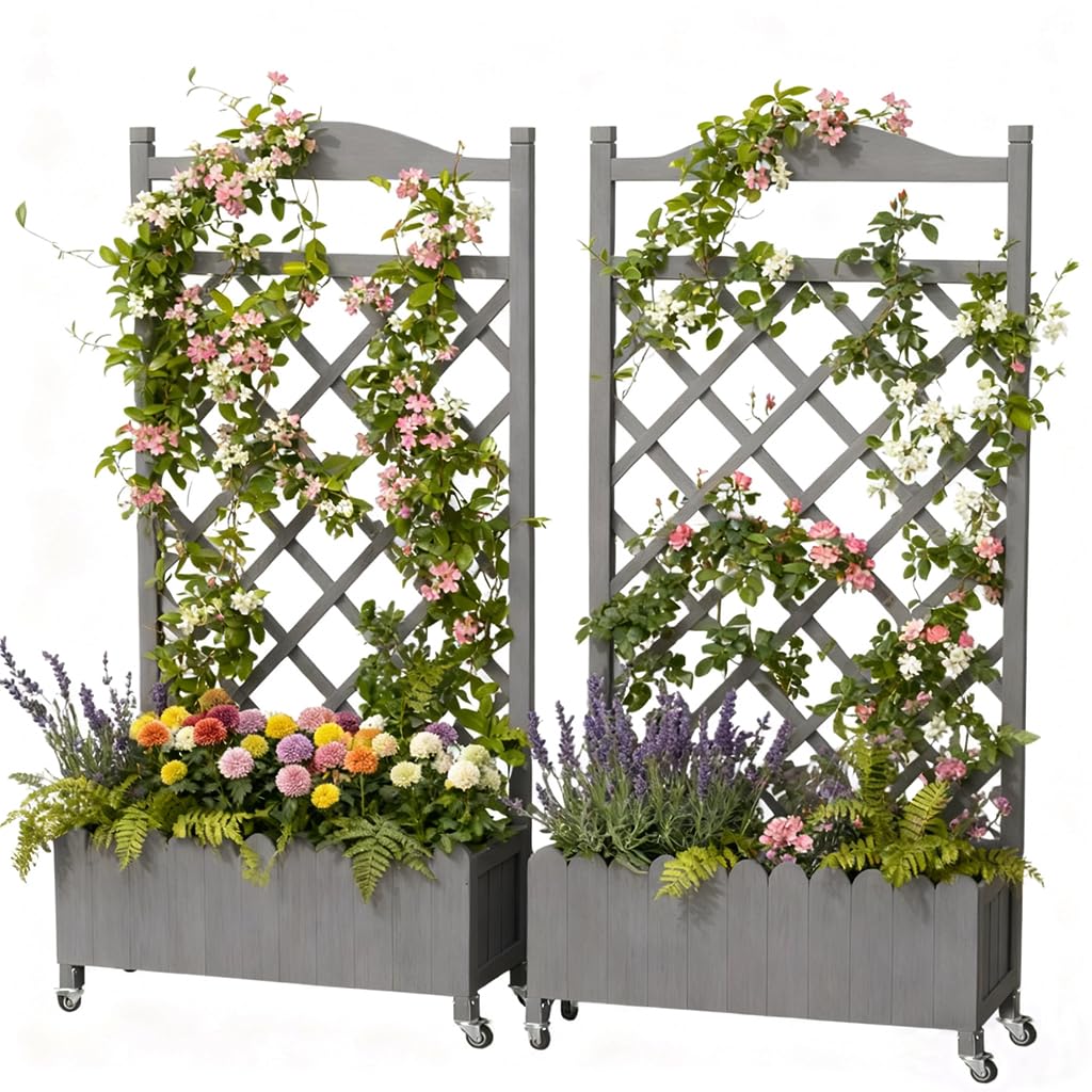 COMHOMA 2 Pack Planter Box with Trellis and Wheels, 48In Elevated Raised Garden Bed, Drainage Holes, Outdoor Lattice for Climbing Flowers, Vegetables, Patio Balcony, Gray