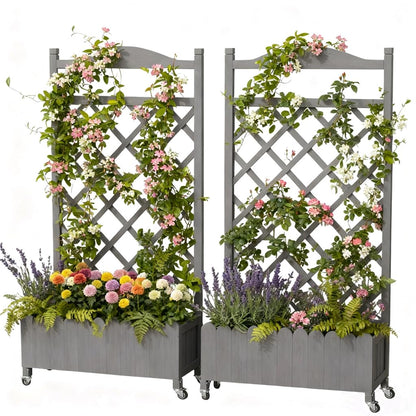 COMHOMA 2 Pack Planter Box with Trellis and Wheels, 48In Elevated Raised Garden Bed, Drainage Holes, Outdoor Lattice for Climbing Flowers, Vegetables, Patio Balcony, Gray