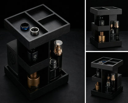 Aurenzo Cologne Organizer for Men, 3 Tier Black Wood Perfume Display Stand with 360° Rotate Base, Mens Cologne and Jewelry Organizer Shelf for Bathroom Countertop Storage & Nightstand, Gift for Men