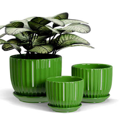 Ton Sin Ceramic Plant Pots,4"+5"+6" Inch,Green Flower Pots with Drainage Holes and Tray,Indoor Planters for Plants Pots,Home Office Decoration GIF for Plants,Succulent Pot Set of 3