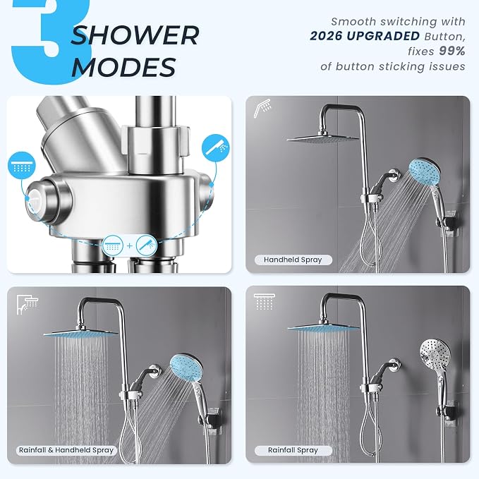 Ryamen Dual Shower Head Combo, 8'' High Pressure Rain Shower Head with Handheld Spray, 6+1 Spray Settings Handheld Showerhead, Height Adjustable, One-touch Pause Button, Chrome Polished