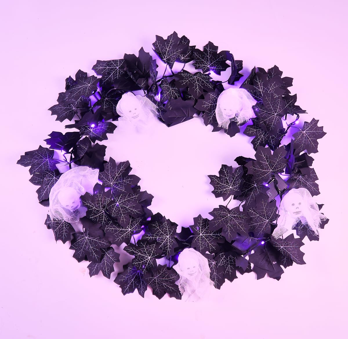 Black Maple Halloween Garland Decor Purple Lights Artificial Wreaths for Wall Fireplace Outdoor Indoor Yard Haunted House Decoration (Skeleton Maple Garlands)