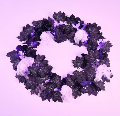 Black Maple Halloween Garland Decor Purple Lights Artificial Wreaths for Wall Fireplace Outdoor Indoor Yard Haunted House Decoration (Skeleton Maple Garlands)