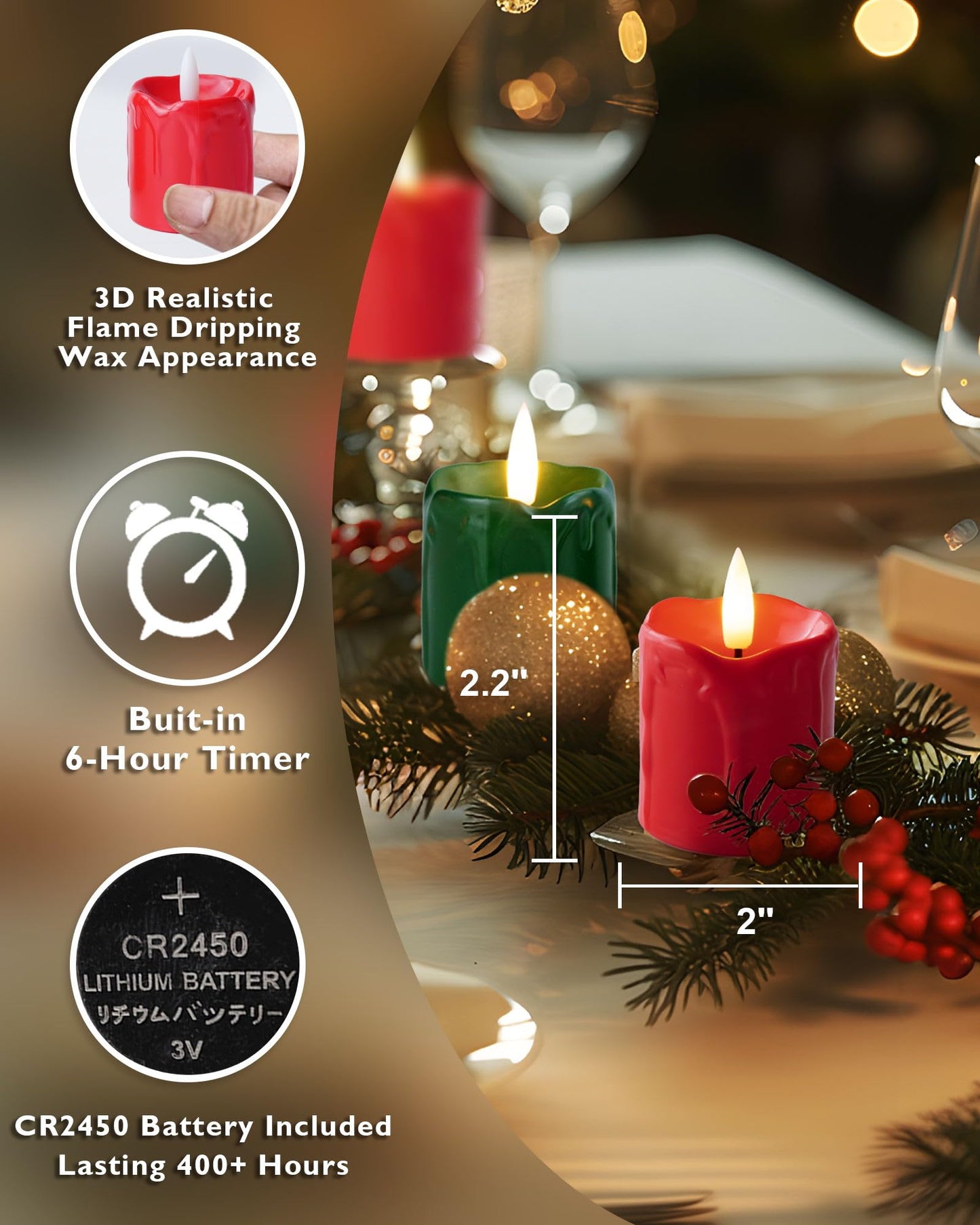 Homemory 2" x 2" Green & Red Timer Flickering Flameless Candles, 400+ Hour Battery Operated Votive Candles, 6Pack 3D Wick Electric Fake Candles for Party, Christmas, Halloween and Festival Celebration