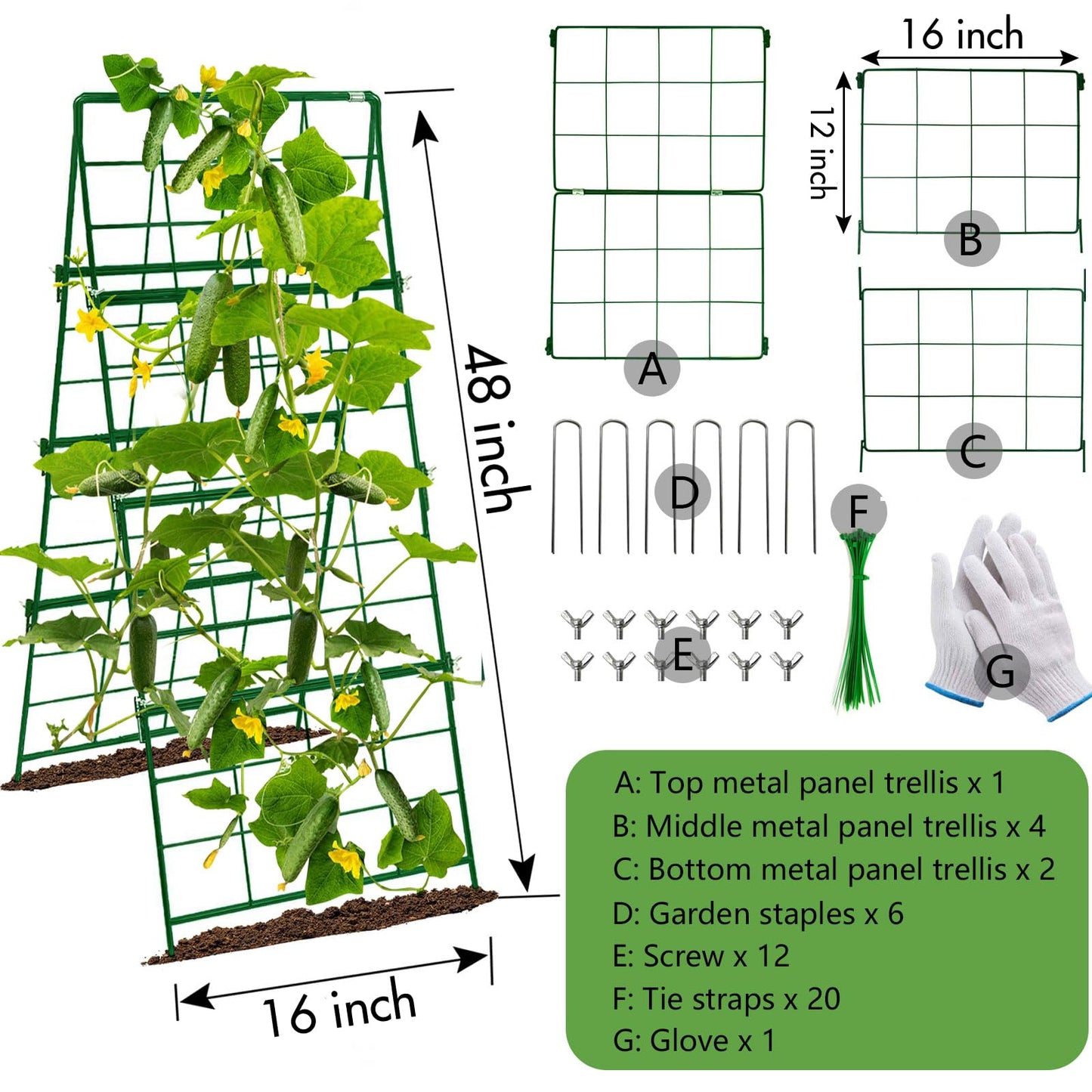 Heavy Duty Cucumber Trellis Thickened for Raised Garden Bed,48"x16" Foldable Frame Metal Vegetable Trellis for Climbing Plants Outdoor Plant Support for Grape Tomato Peas, Fruit, Vine,Bean(1 Pack)