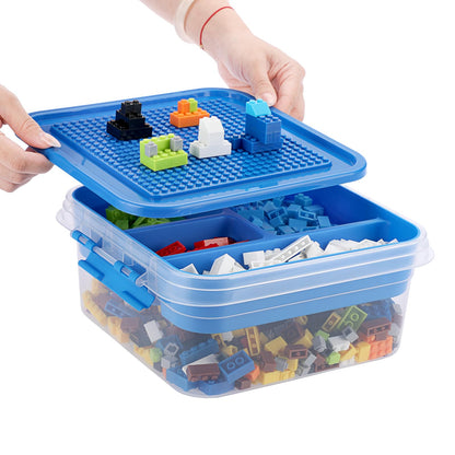 OGANAZI Plastic Storage Container with Bricks Baseplate Lid for Building Blocks, Bricks Building Set Organization Bin with Compartments Tray, Stackable Storage Box Building Block Chest Case (Blue)
