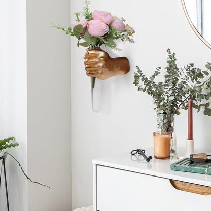 XYQXYQ Gold Wall Sculptures, Hand Vases Home Decor, Wall Mount Art Sculpture, Unique Wall Art Statue, Funky Flower Vase Decorations, Modern Eclectic Hanging Decor,Glass Test Tube Vase