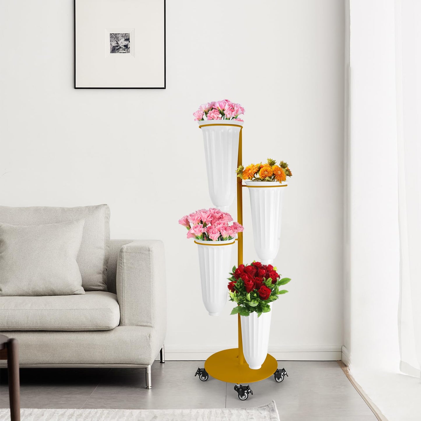 LEALIBAUSS Metal Flower Bar Stand With 4 Buckets Flower Cart Display Stand with Wheels Floral Bar for Wedding,Garden Events Party Decor (GOLD)