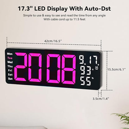 Digital Wall Clock Large Display, 17.3" Digital Clock with RGB Color Remote Control, Auto-Dimming Big Wall Clock with Night Light,Auto DST,Date Week,Temp for Home Decoration, for Elderly (Rose red)