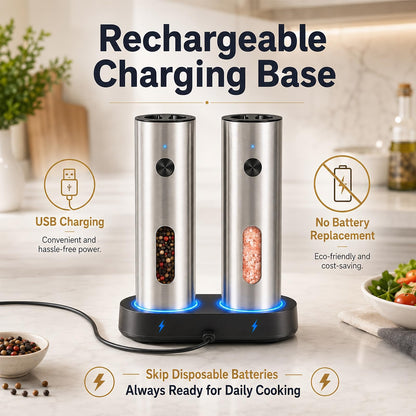 TeSabMi Electric Salt and Pepper Grinder Set, Rechargeable with USB C Charging Base, 110ml Large Capacity, 5-Level Adjustable Coarseness, Stainless Steel, LED Light, Automatic