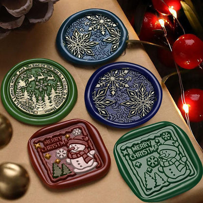 3D Vintage Christmas Wax Seal Stamp Kit - Snowflake Snowman Xmas Tree Elk Designs with 3 Copper Brass Heads and 1 Wooden Handle for Envelope & Gift Wraps