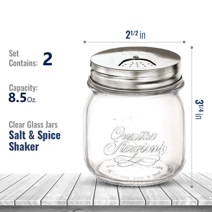 Bormioli Rocco Quattro Stagioni Spice Jar Set - 8.5 Oz, Durable Glass Mason Jars with Multi-Function Rotatable Lids, Stainless Steel Tops for Salt & Pepper - Made in Italy, Glass Spice Jars