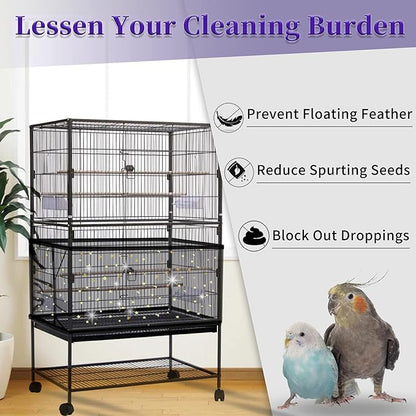 Daoeny 2Pcs Bird Cage Cover, Adjustable Bird Cage Seed Catcher, Large Soft Nylon Mesh Net with Twinkle Moon Star, Birdcage Cover Skirt Seed Guard for Parrot Parakeet Macaw Round Square Cages