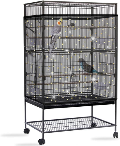 Daoeny Bird Cage Seed Catcher, Large Bird Cage Cover, Adjustable Soft Airy Nylon Mesh Net, Birdcage Cover Skirt Seed Guard for Parrot Parakeet Macaw African Round Square Cages (Black, Sequins Star)