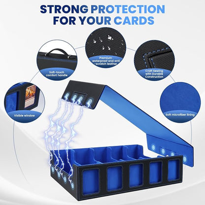Trading Card Storage Box with Handle, 5-Row Portable Leather Game Case for 4000+ Cards,Blue Card Collection Box with Commander Display Window for MTG, Yugioh, and Sports Cards,Gifts for Card Collector