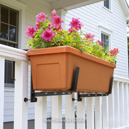 Window Box Brackets, Adjustable Planter Box Brackets, Heavy Duty Iron Flower Box Brackets for Railings, with Enhanced Bottom Support - Perfect for Balconies, Fences, and Gardens (Black, 6 Pack)