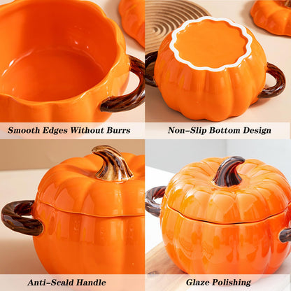 Dutch Oven Pot with Lid, Pumpkin Pottery Dessert Saucepan, Mini Baking Dish Cute Pumpkin Bowl, Covered Dutch Oven Ceramic Stockpot, Pumpkins-Shaped Casserole (Orange)