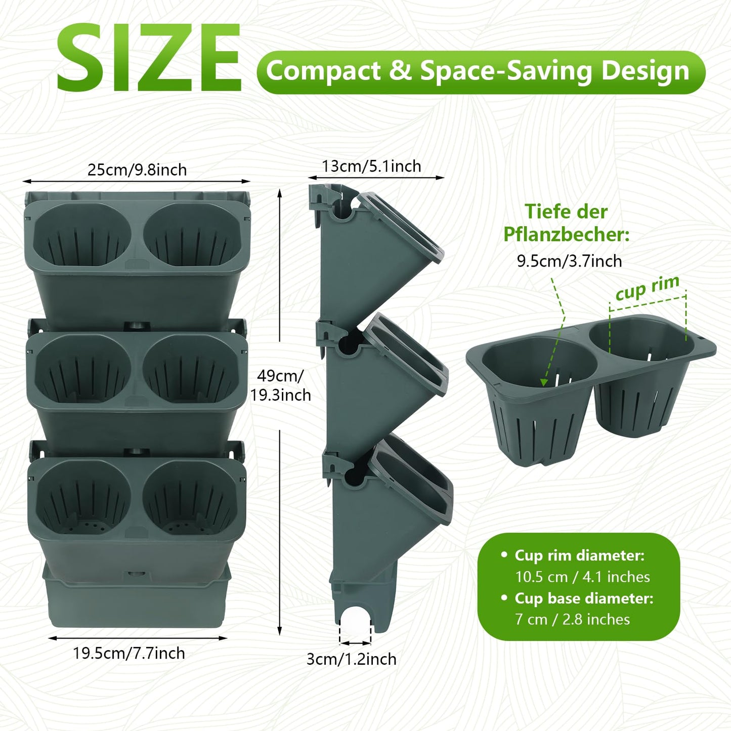 3-Tiers Vertical Wall-Mounted Planter with 6 Pots Vertical Garden Living Wall Planter Indoor Self-Watering Soil-Water Separation Stackable Plastic Planter for Herb Vegetable Flower Succulent (Green)