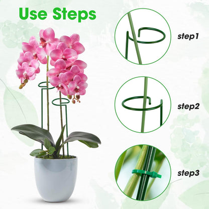 Unves 16" Tall Plant Support Stakes, 12 Pack Garden Flower Plant Stakes Single Stem, Garden Plant Support Cages Rings for Amaryllis Orchid Peony Rose, with 100 Pcs Twist Ties