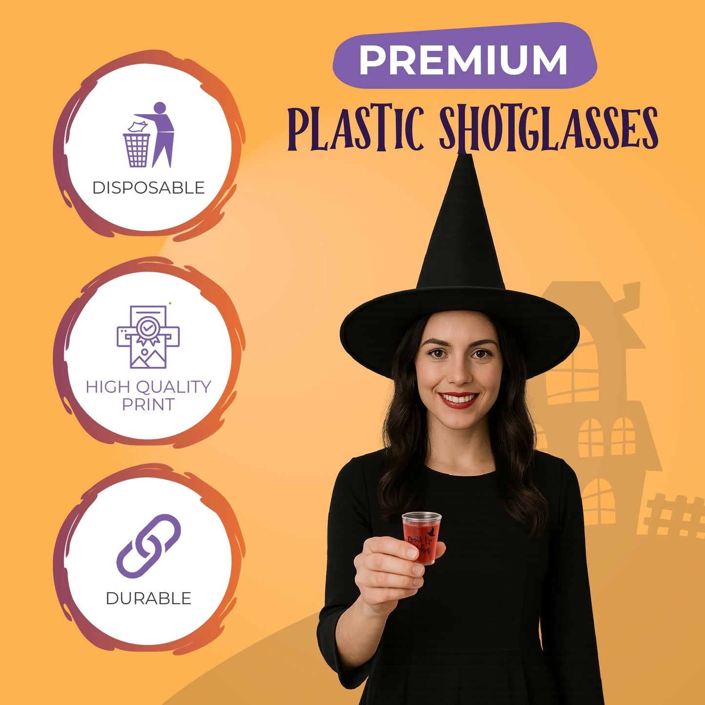Drink Up Witches (Both Sides) Halloween Shot Glasses Disposable Set of 100, 2oz Each, Plastic Jello Halloween Shot Cups for Spooky Party Drinkware - Ideal Horror Glasses For Drinking Decorations