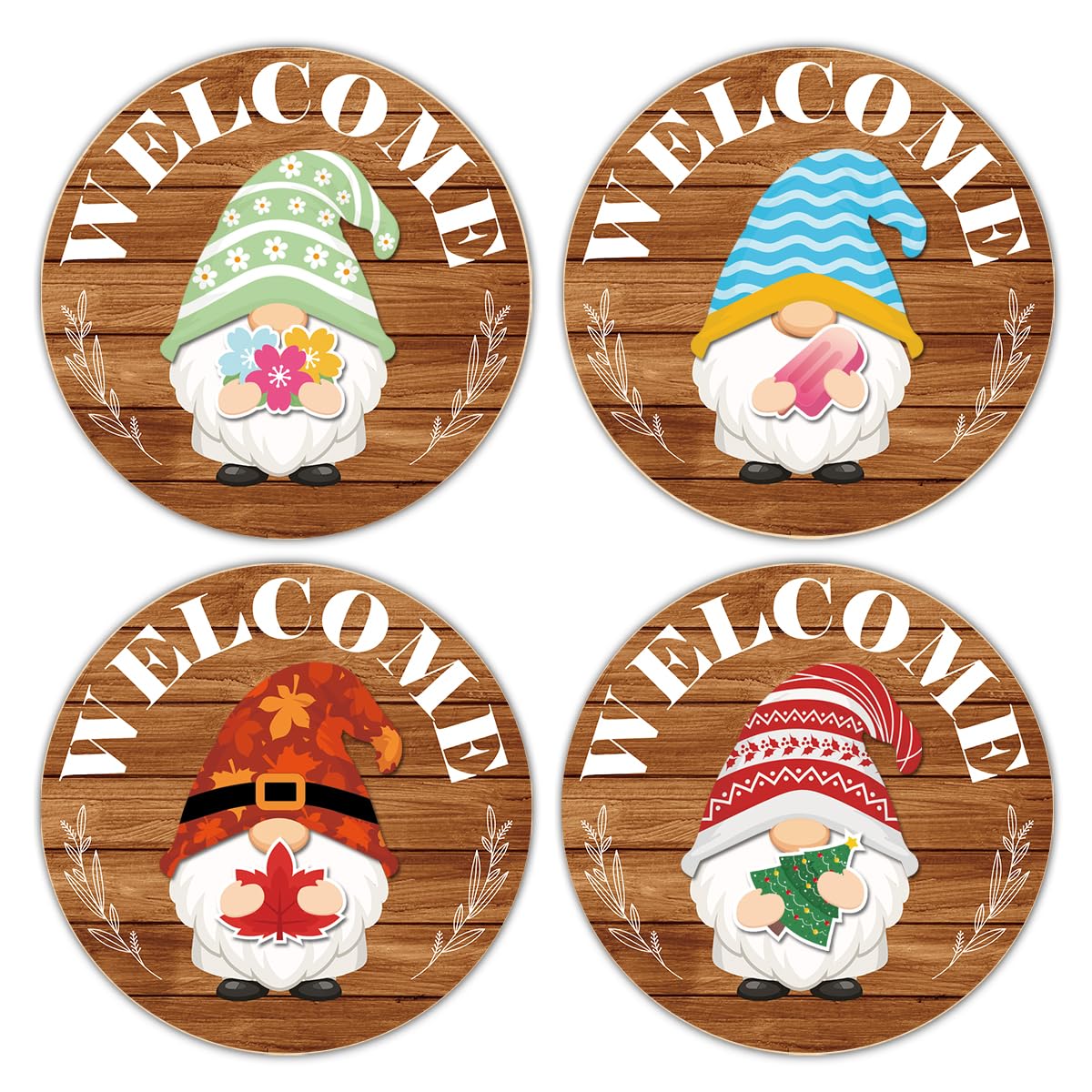 Interchangeable Gnome Welcome Sign Summer Patriotic 4th of July Porch Decor, Changeable Wooden Gnomes Front Door Decoration Wreath Hanger for Spring Fall Winter All Seasons Holiday, Russety