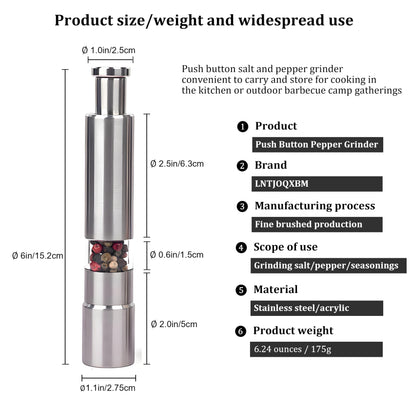 LntJoQxbm Push button salt and pepper grinder, One handed seasoning spice mill gadgets, 1 Pcs or Buy more, Solid stainless, silver