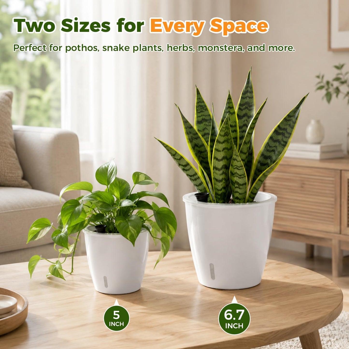 KvyusFlourish Upgraded Self Watering Pots for Indoor Plants, 4-Pack 5 Inch Top-Fill Self Watering Planter with Water Window, Orchid Pots, Clear Wick Inner Basket with Drainage, White