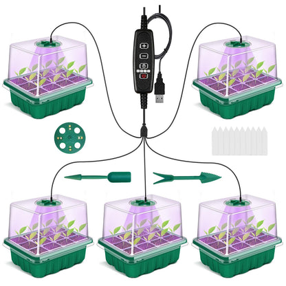 GOONMMILL Seed Starter Tray with Timed Grow Light, 5 Packs Plant Starter Tray Seedling Starter Kit with Humidity Domes Base Indoor Greenhouse Mini Propagator Station for Seeds Growing Starting